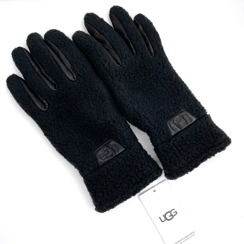 UGG Stretch Palm Fleece Gloves NEW Black Faux Fur Sherpa Size M